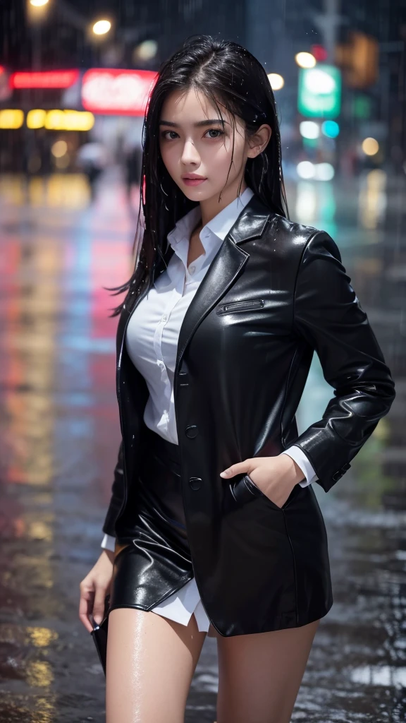 (masterpiece), best quality, expressive eyes, perfect face, (8k, best quality, masterpiece:1.2),(best quality:1.0), (ultra highres:1.0), body full shot, solo, Beautiful girl, 19 years old, cool expression, sexy lips,  black hair, Wet hair, Wearing business clothes, wet clothes, Walking in the pouring rain, cinematic shot, aesthetic rain, long shot