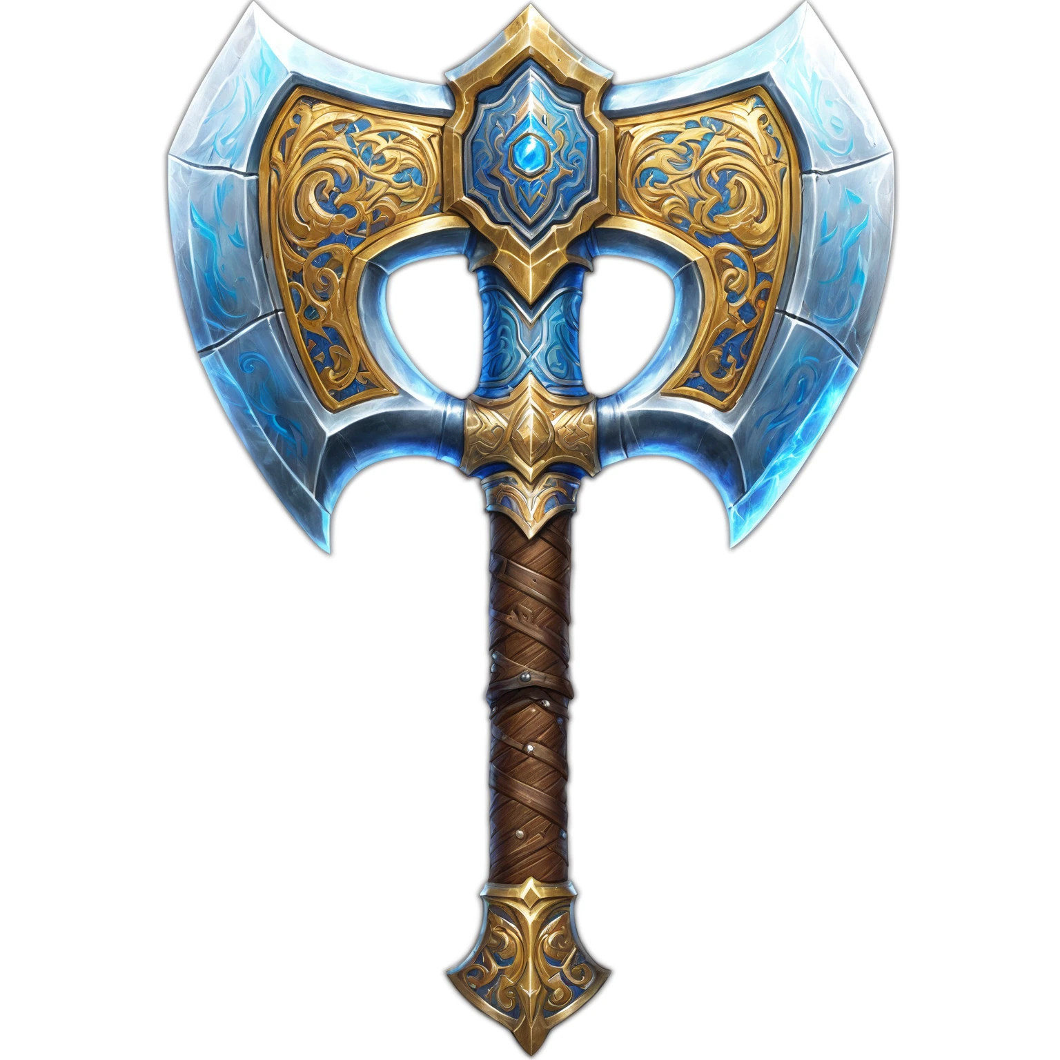Close up of a large metal axe with gold and blue patterns, Fantasy RPG Weapon Art, Fantasy weapons, Tomahawk, Mjolnir, epic Fantasy weapons art, Hearthstone Weapon Art, Role Playing Game Items, Tomahawk, Dwarven weapons, fantasy warrior sword, Hammer Weapon, World of Warcraft Blizzard Weapon Art, Axe element, Role Playing Game Items
