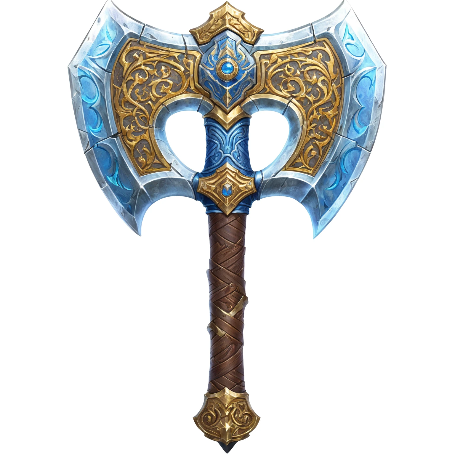 Close up of a large metal axe with gold and blue patterns, Fantasy RPG Weapon Art, Fantasy weapons, Tomahawk, Mjolnir, epic Fantasy weapons art, Hearthstone Weapon Art, Role Playing Game Items, Tomahawk, Dwarven weapons, fantasy warrior sword, Hammer Weapon, World of Warcraft Blizzard Weapon Art, Axe element, Role Playing Game Items