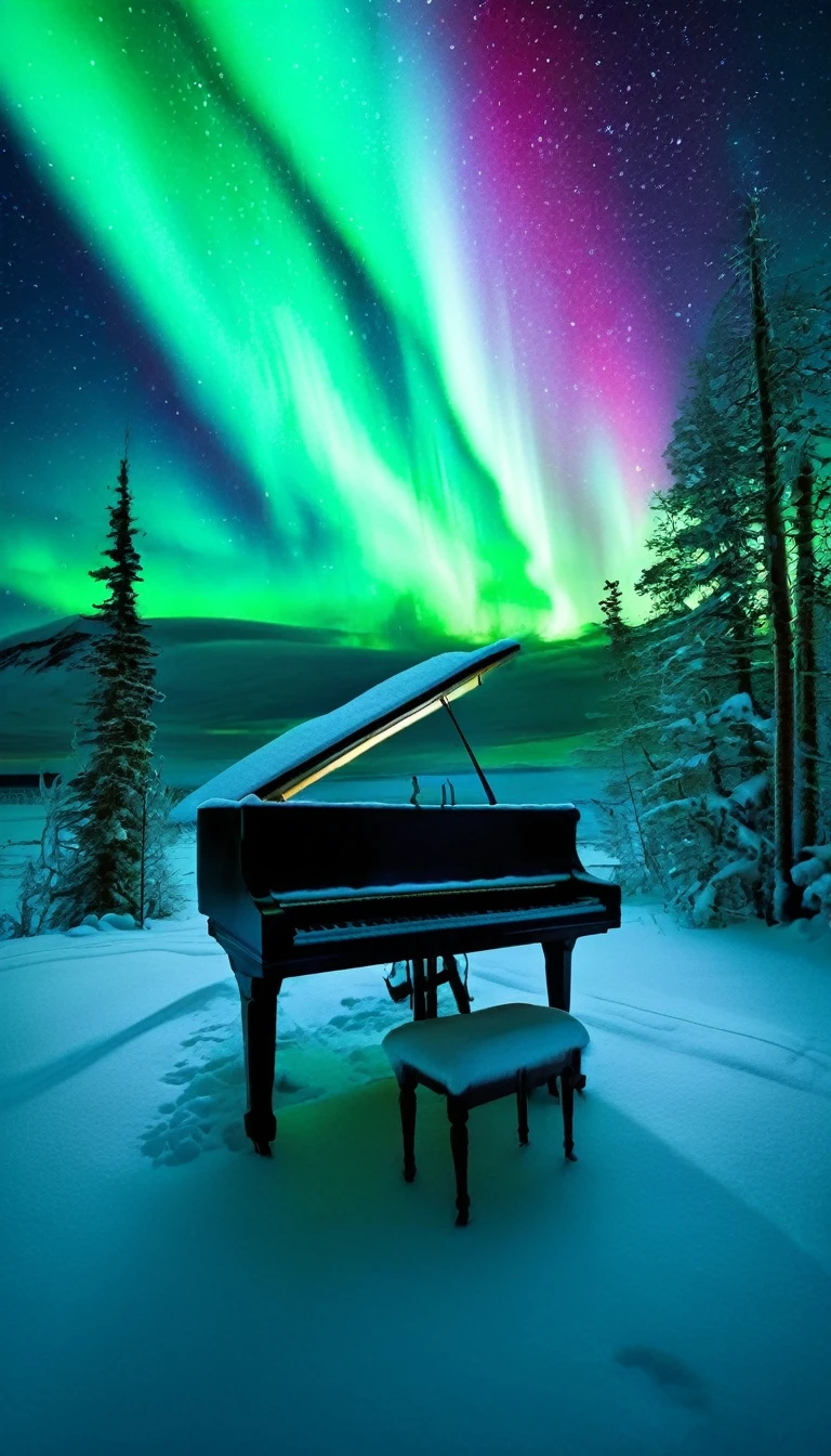 A mystical and enchanting landscape with a single piano under an aurora-filled sky. The surroundings are completely covered in snow, creating a serene