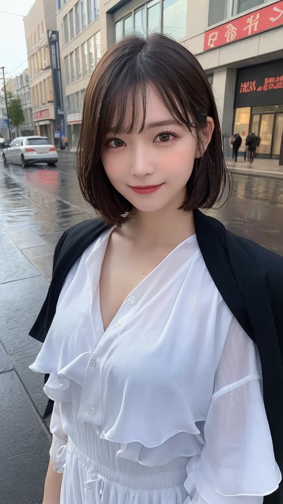 ((Best Quality, 8K, Masterpiece:1.3)), Focus: 1.2, Perfect Body Beauty: 1.4, Buttocks: 1.2, ((Layered Haircut, Breasts: 1.2)), (Wet Clothes: 1.1), (Rain, Street:1.3), Bandeau Dress: 1.1, Highly Detailed Face and Skin Texture, Fine Eyes, Double Eyelids, Whitening Skin, Long Hair, (Shut Up: 1.3), Smile