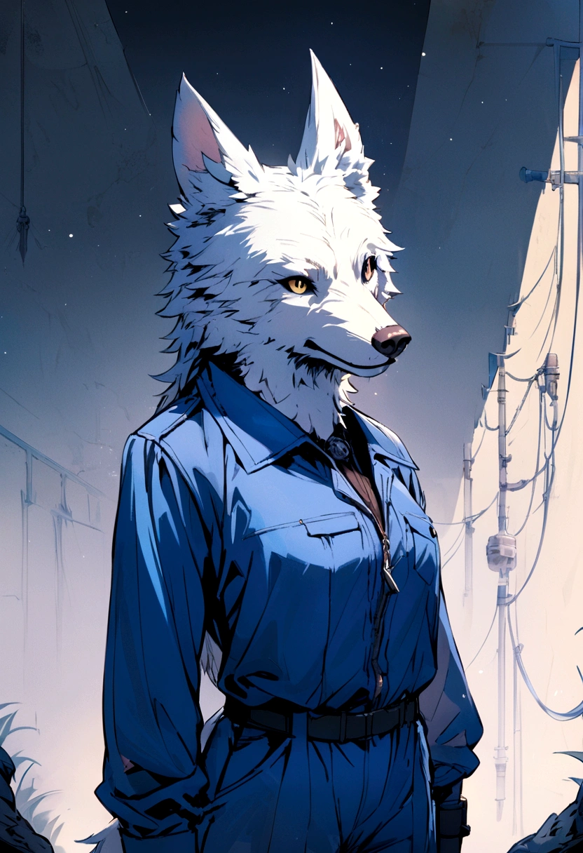 (style) Wolf in a blue jumpsuit, solution