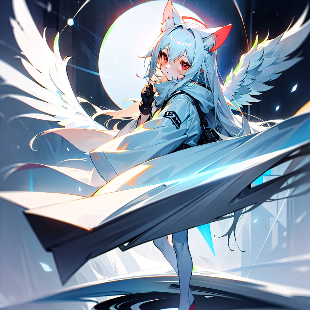 masterpiece, highest quality, highest resolution, clear_image, detailed details, White hair, long hair, cat ears, 1 girl, red eyes, white hoodie, black pantyhose, white scarf (white scarf around the neck with a light blue glow), gray futuristic halo (gray halo over the head), white wings (6 wings), cute, full body, no water marks, snow, normal ears