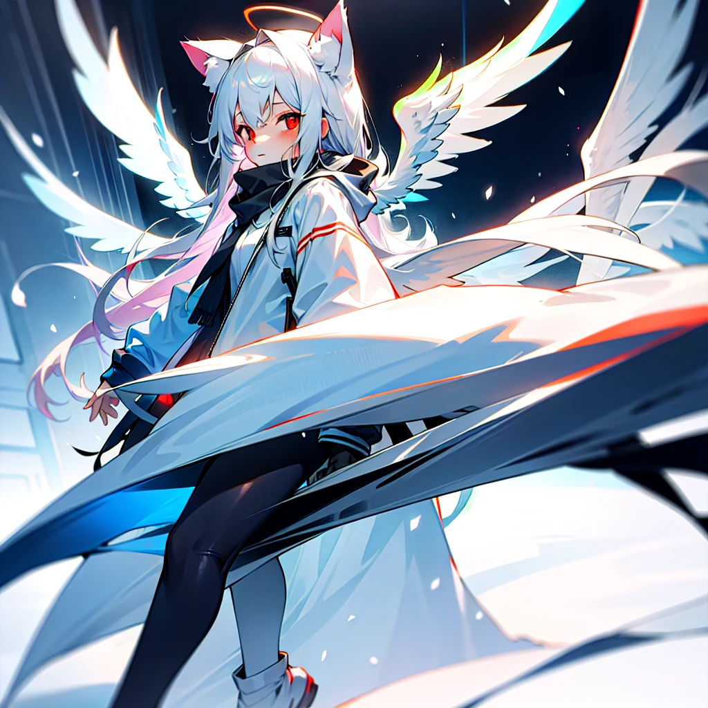 masterpiece, highest quality, highest resolution, clear_image, detailed details, White hair, long hair, cat ears, 1 girl, red eyes, white hoodie, black pantyhose, white scarf (white scarf around the neck with a light blue glow), gray futuristic halo (gray halo over the head), white wings (6 wings), cute, full body, no water marks, snow, normal ears