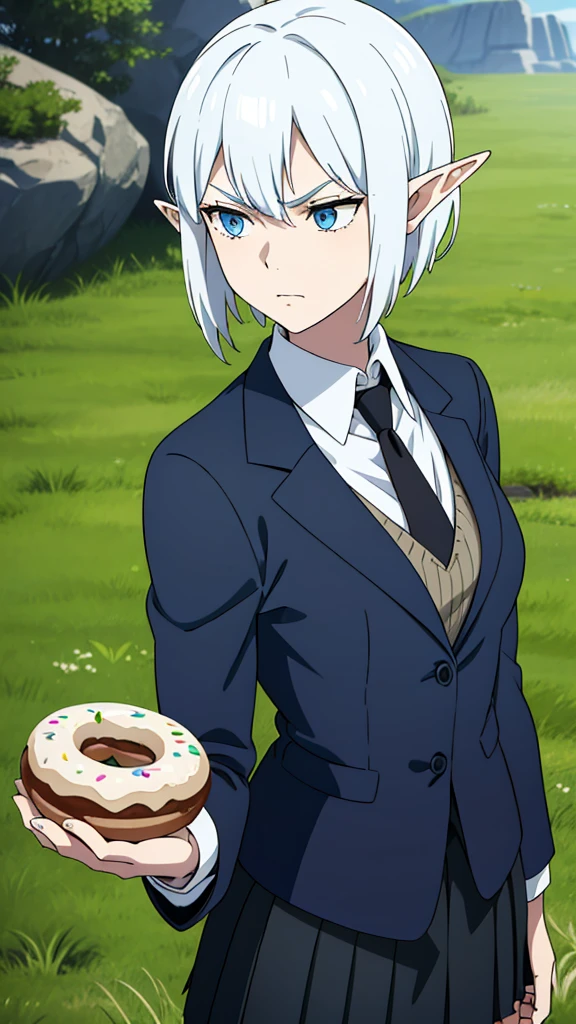 1girl ,solo,20s,mature female,serious face,short hair,elf ears,(grass),shirt,black standard tie,blue blazer,long sleeves, black pleated skirt,(upper body),frosty white Skin , Icy white hair ,Glacial blue eyes,donut hair