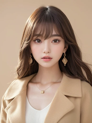  ((Highest quality, 8K, masterpiece:1.3)), concentrate: 1.2, Perfect body beauty: 1.4, Hips: 1.2, ((Long Hair, chest: 1.2)), (Dry clothes: 1.1) , (clear, Simple Background:1.3), Simple clothes: 1.1, Highly detailed face and skin texture,Delicate eyes, double eyelid, Whitened skin, Rough skin、Long Hair、Earrings with bangs、necklace、 solo、Beige coat、White shirt,  (((Beautiful girl with cute Japan)))、  ((Beautiful Japanese girl 20 years old))、 ((Baby Face))、 (((Slender body)))、  Upper Body，Face focus、necklace，Simple Background，From above， Realistic Hair、 A photograph was taken:Canon EOS R6、135mm、1/1250 seconds、f2.8、ISO400、(Detailed explanation of the hand)、(Masseter muscle area)、(Exquisite CG)、Long Hair, loose and curly hair、Korean Hair、Long Hair明るいベージュ色、グラデーションハイライトグレージュのゆるふわLong Hairスタイル、