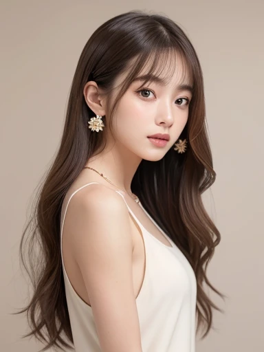  ((Highest quality, 8K, masterpiece:1.3)), concentrate: 1.2, Perfect body beauty: 1.4, Hips: 1.2, ((Long Hair, chest: 1.2)), (Dry clothes: 1.1) , (clear, Simple Background:1.3), Simple clothes: 1.1, Highly detailed face and skin texture,Delicate eyes, double eyelid, Whitened skin, Rough skin、Long Hair、Earrings with bangs、necklace、 solo、Beige coat、White shirt,  (((Beautiful girl with cute Japan)))、  ((Beautiful Japanese girl 20 years old))、 ((Baby Face))、 (((Slender body)))、  Upper Body，Face focus、necklace，Simple Background，From above， Realistic Hair、 A photograph was taken:Canon EOS R6、135mm、1/1250 seconds、f2.8、ISO400、(Detailed explanation of the hand)、(Masseter muscle area)、(Exquisite CG)、Long Hair, loose and curly hair、Korean Hair、Long Hair明るいベージュ色、グラデーションハイライトグレージュのゆるふわLong Hairスタイル、