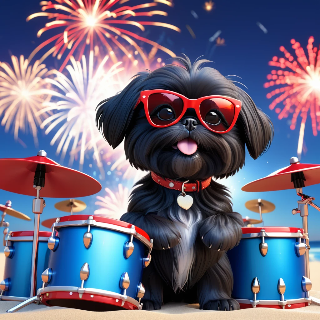 Adorable small black Shih Tzu puppy at the beach wearing red sunglasses red, playing guitar playing drums on concert stage white and blue firework background 3d cartoon, 3d render, disney pixar style