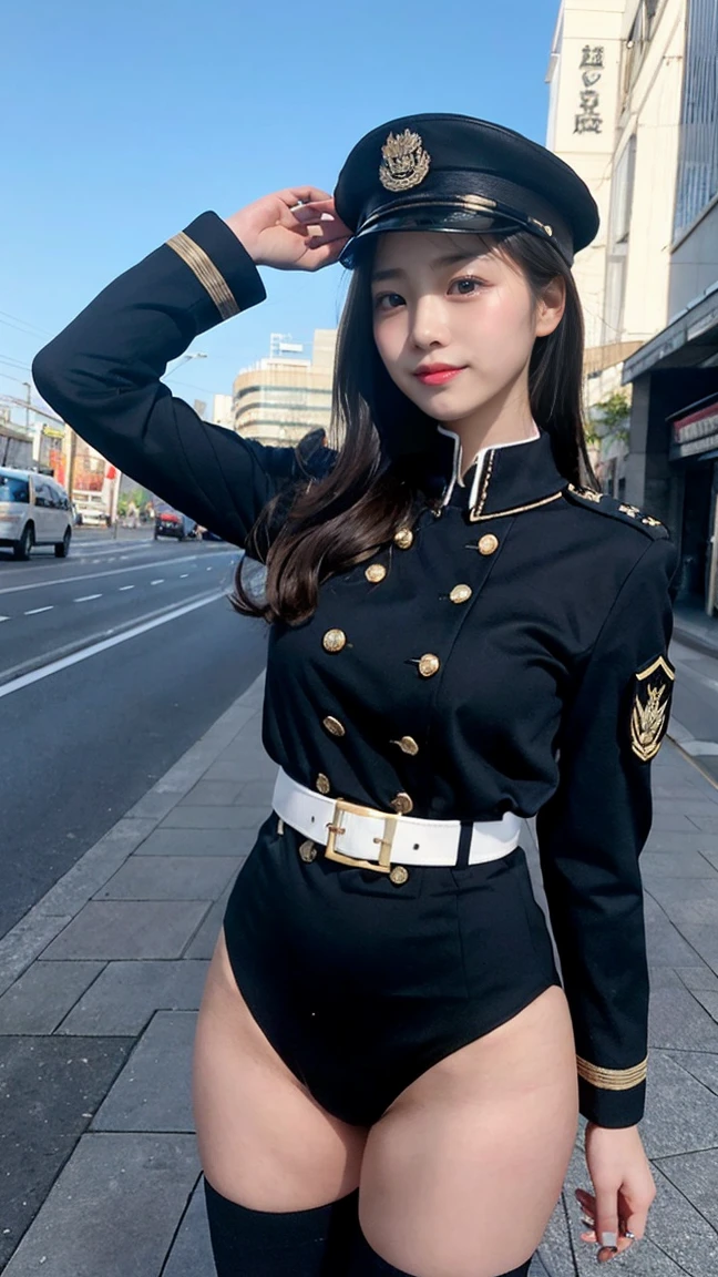 A girl dressed as a drum major with a marching band in the background,Skin-tight leather marching outfit、 A short pleated skirt that exposes your butt、White braided boots、Highly detailed official artwork, 4K Konachan Wallpaper, Kschaert Krentz Key Art Feminine, marin kitagawa fanart, High resolution,
