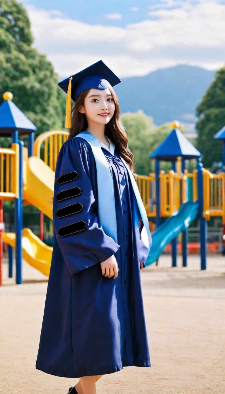 ((best quality)), ((masterpiece)), (detailed), 1 Girl, Graduation gown, Stand on the school playground,Beautiful scenery,Background blur SLR image quality 8K