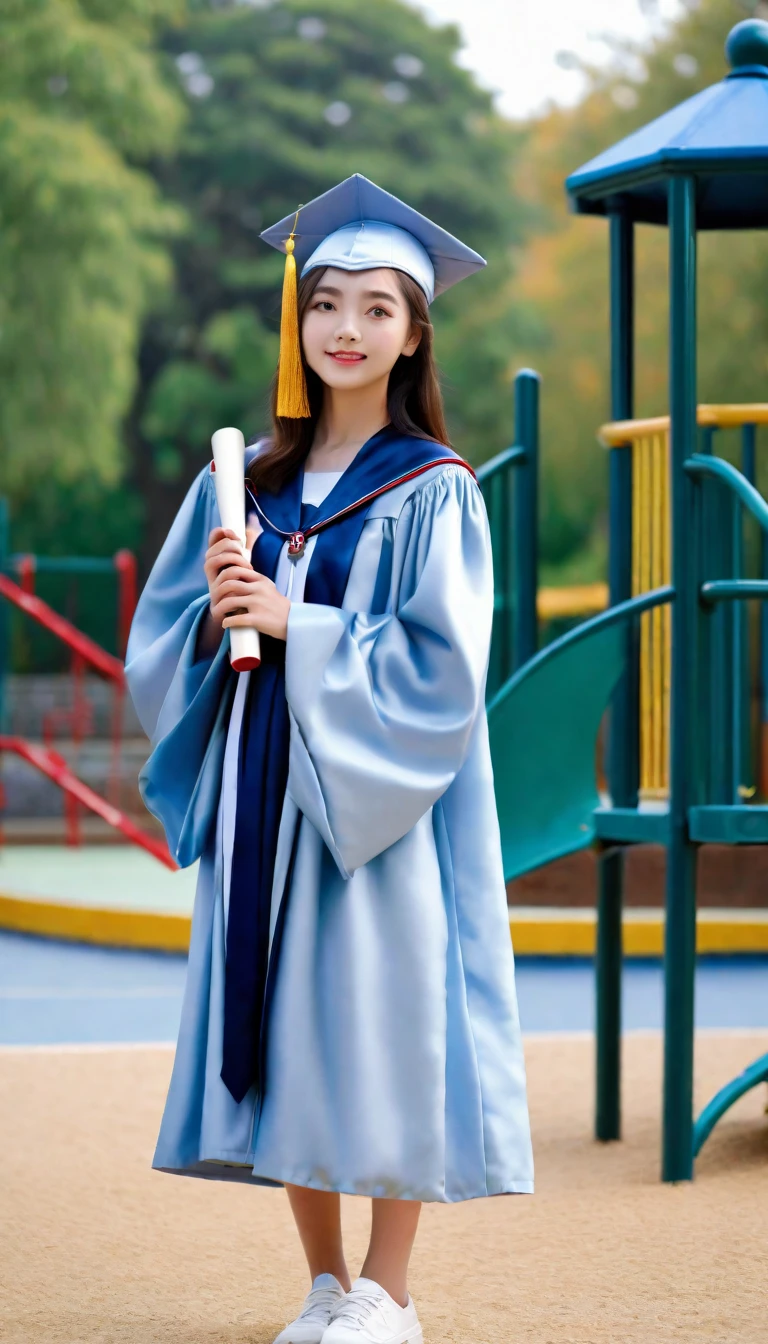 ((best quality)), ((masterpiece)), (detailed), 1 Girl, Graduation gown, Stand on the school playground，Beautiful scenery，Background blur SLR image quality 8K
