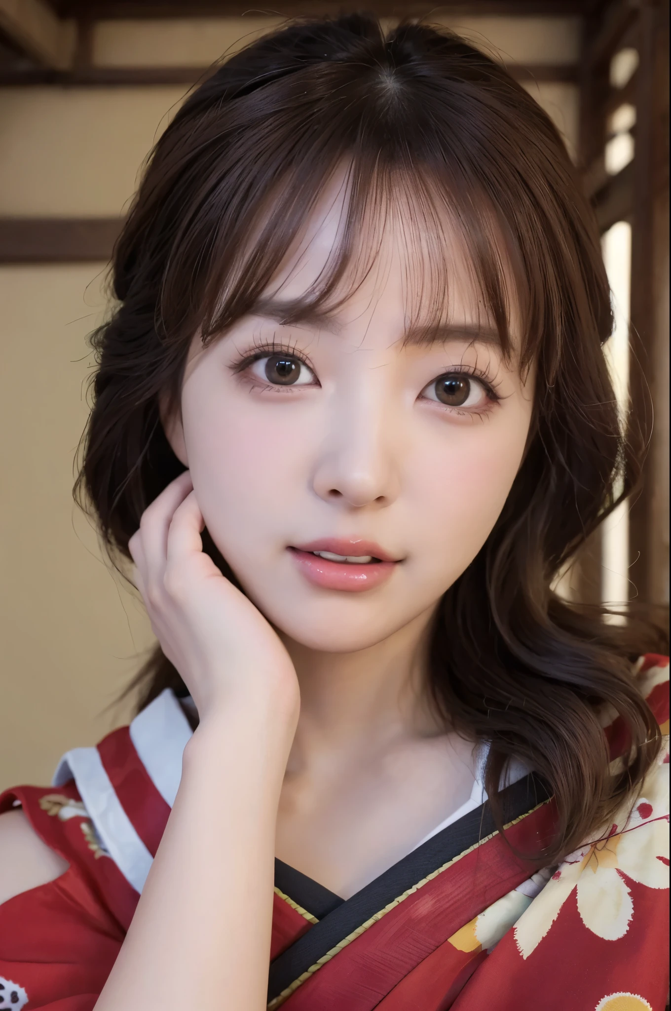 ((8K)), (RAW photo), (Realistic), (photo-realistic), ultra high resolution, masterpiece, highest quality, perfect lighting, professional lighting, detailed lighting, dramatic shadow, ray tracing, (((sharp focus))), 1 Japanese beautiful lady, 30 years old, slender body type, beautiful detailed brown eyes, small breasts, big thick thighs, medium messy hair, light brown hair, half open mouth, looking at viewer, ((old Japanese house)), (intense ecstasy:1.5), kimono, expose one's shoulder, off shoulder, Oiran, Maiko,
