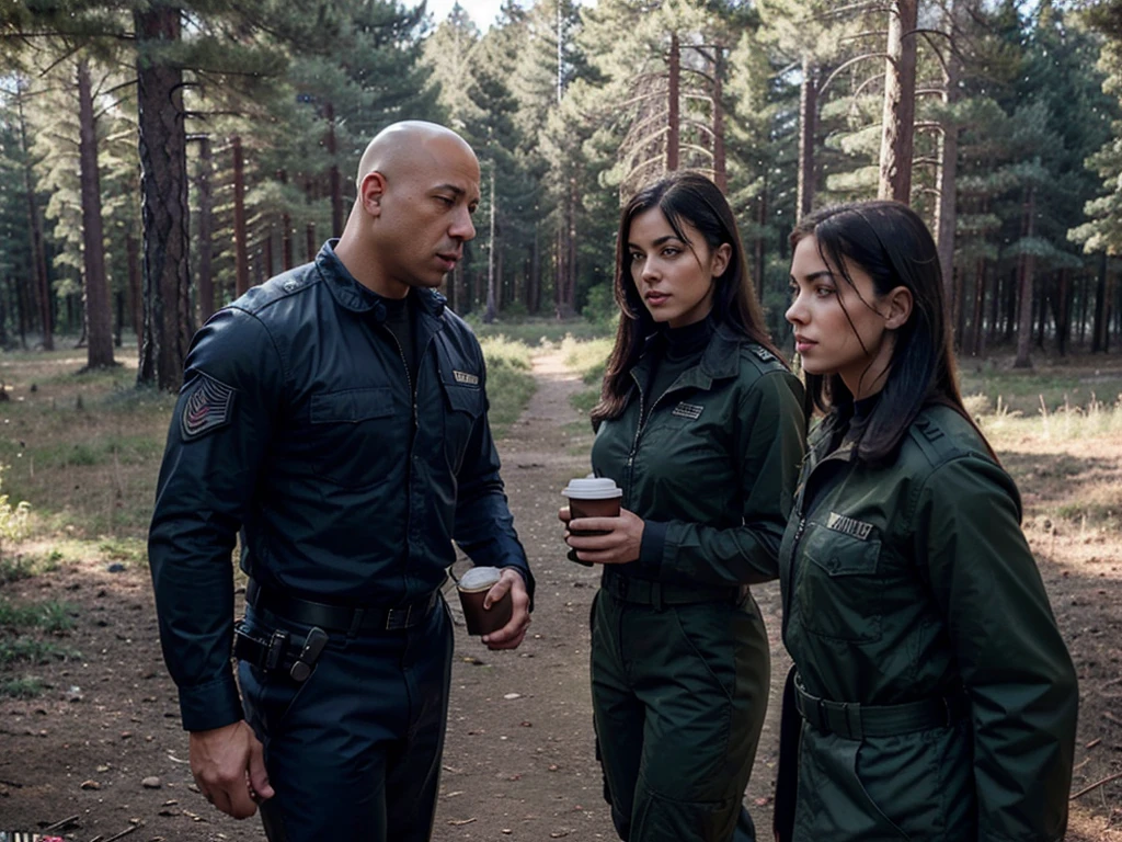 A strongly-built bald man resembling Vin Diesel dressed in navy blue military-style clothing at a military substation in a pine forest accompanied by a beautiful black-haired woman resembling Scarlet Johnson, dressed just like the bald man, realistic image the two drinking coffee outside the substation, accompanied by a Husky