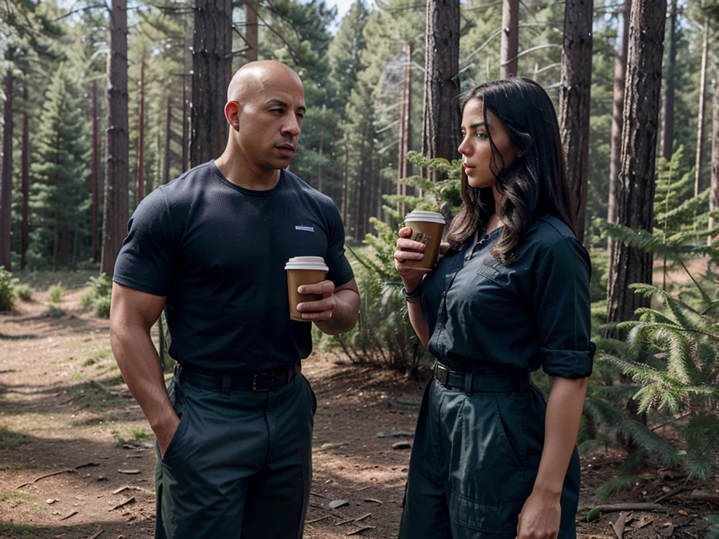 A strongly-built bald man resembling Vin Diesel dressed in navy blue military-style clothing at a military substation in a pine forest accompanied by a beautiful black-haired woman resembling Scarlet Johnson, dressed just like the bald man, realistic image the two drinking coffee outside the substation, accompanied by a Husky