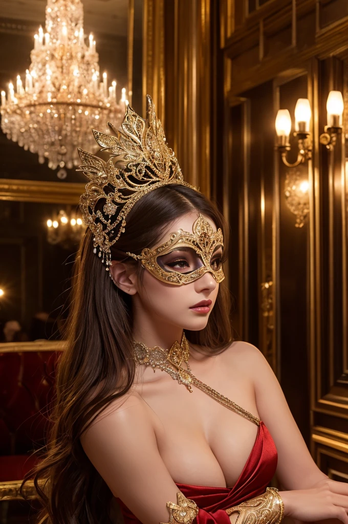Create a full-body photo of a semi-nude woman at a secret masquerade party. She is wearing an intricate Venetian mask and an elaborate costume. Focus on her elegant appearance, highlighting her beautiful detailed eyes and lips. Ensure the face and features are extremely detailed, with an intricate mask design. The scene should be set inside a bar with a modern interior and red lighting, creating a moody and mysterious atmosphere. Use dramatic chiaroscuro lighting with rich shadows to enhance the cinematic quality. The lighting should be dim to emphasize the enigmatic feel. Ensure the image is of the highest quality, with 4k, 8k, high resolution, and a masterpiece level of detail. The style should be ultra-detailed, realistic, and photorealistic, with a rich color palette that is elegant, refined, and captivating. Do not include chandeliers, crowns, or tiaras. Avoid creating a classic atmosphere.
