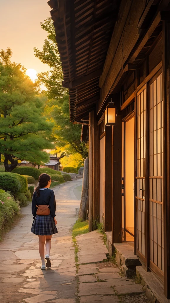 Landscape painting、Japanese village scenery、Photo Style、evening、A cute high school girl is standing facing backwards、evening、sunset、