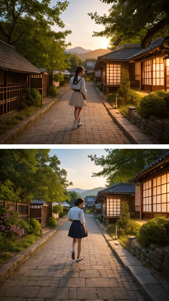 Landscape painting、Japanese village scenery、Photo Style、evening、A cute high school girl is standing facing backwards、evening、sunset、