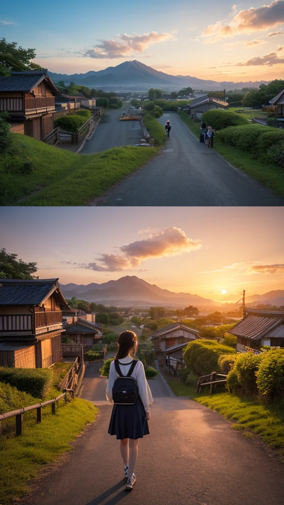Landscape painting、Japanese village scenery、Photo Style、evening、A cute high school girl is standing facing backwards、evening、sunset、