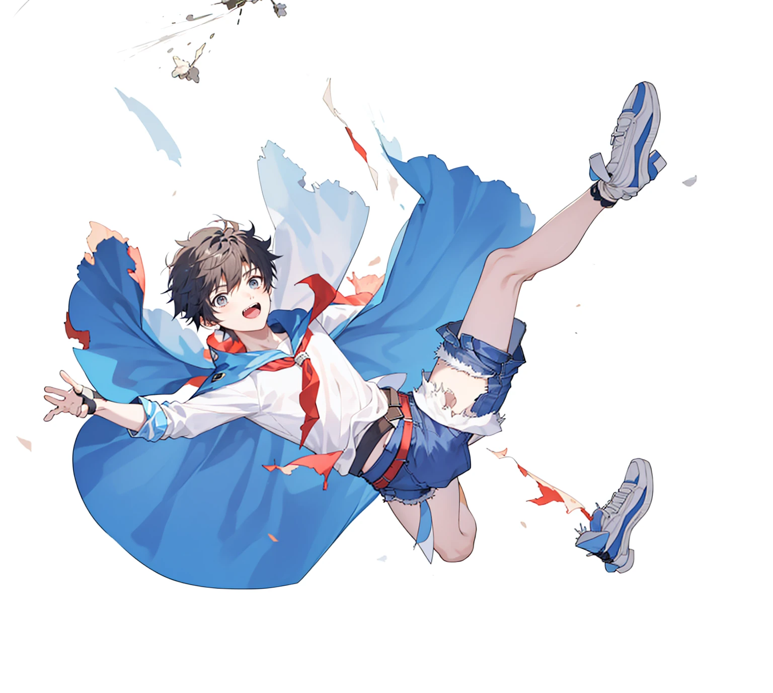 1 boy, 18 years old, cape, bermuda shorts, falling,