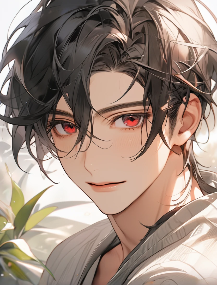 (Black_Hair), (red_ruby_eyes), (Handsome), (attractive), (male), (close_up_shot), (detailed_eyes), (detailed_hair), (clean_hair), (carefree_expression), (vertical_pupils), (peaceful_atmosphere), (jawline)