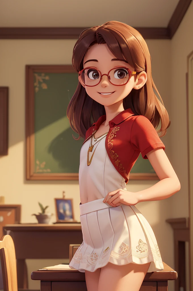 (A small chest:1.3),(Masterpiece, Best quality:1.4), (Beautiful, Aesthetic, Perfect, Delicate, Intricate:1.2),((Best quality)), ((Masterpiece)), (Detailed),(A high resolution:1.2), Classroom, An adult female, Smiling Claudia Chever, Red shirt, White skirt, Glasses, Bend over, angle of view,