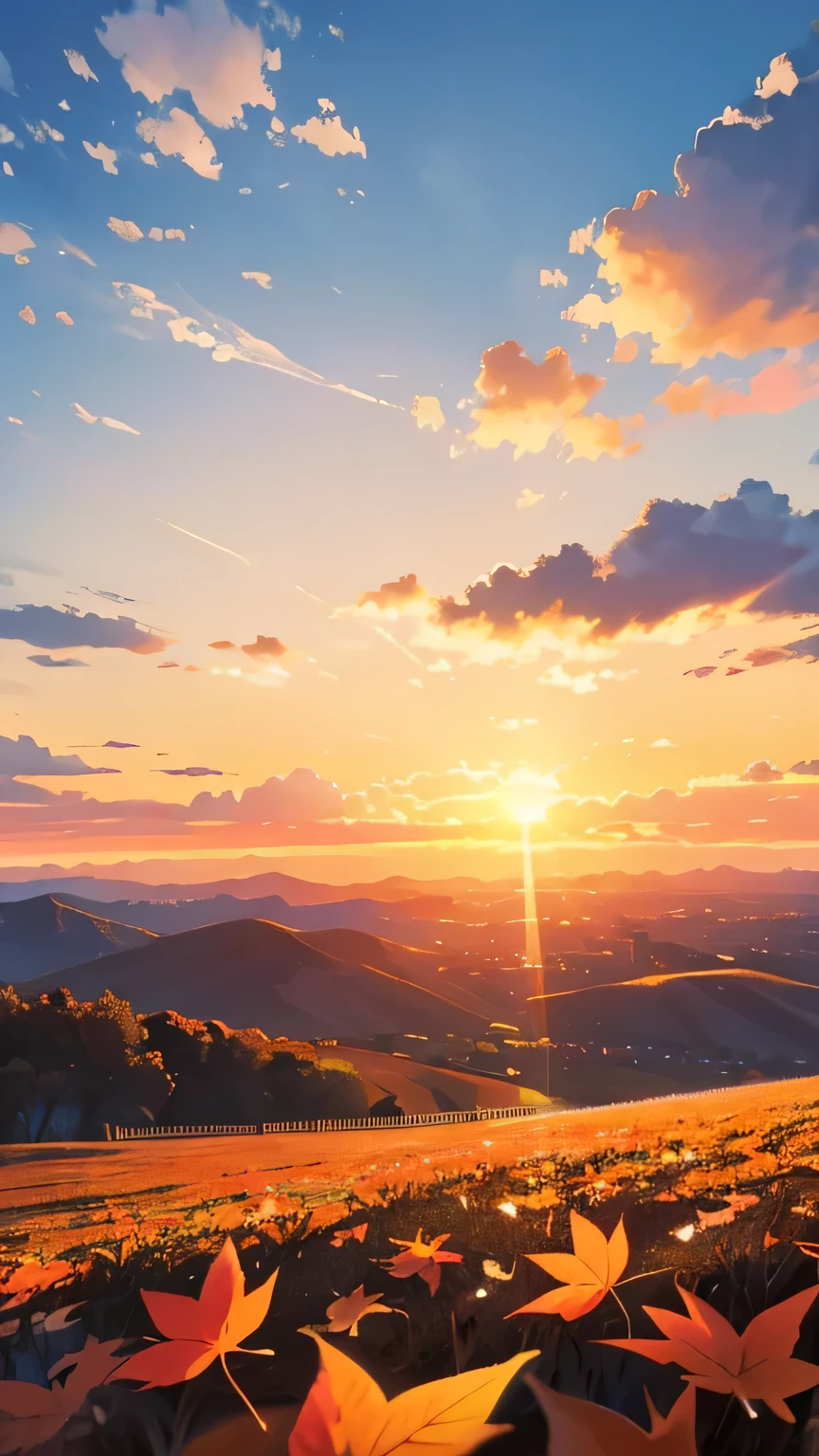 Realistically、View from the top of a small hill、Beautiful autumn leaves、Depth emphasis、Beautiful sunset、There are big clouds