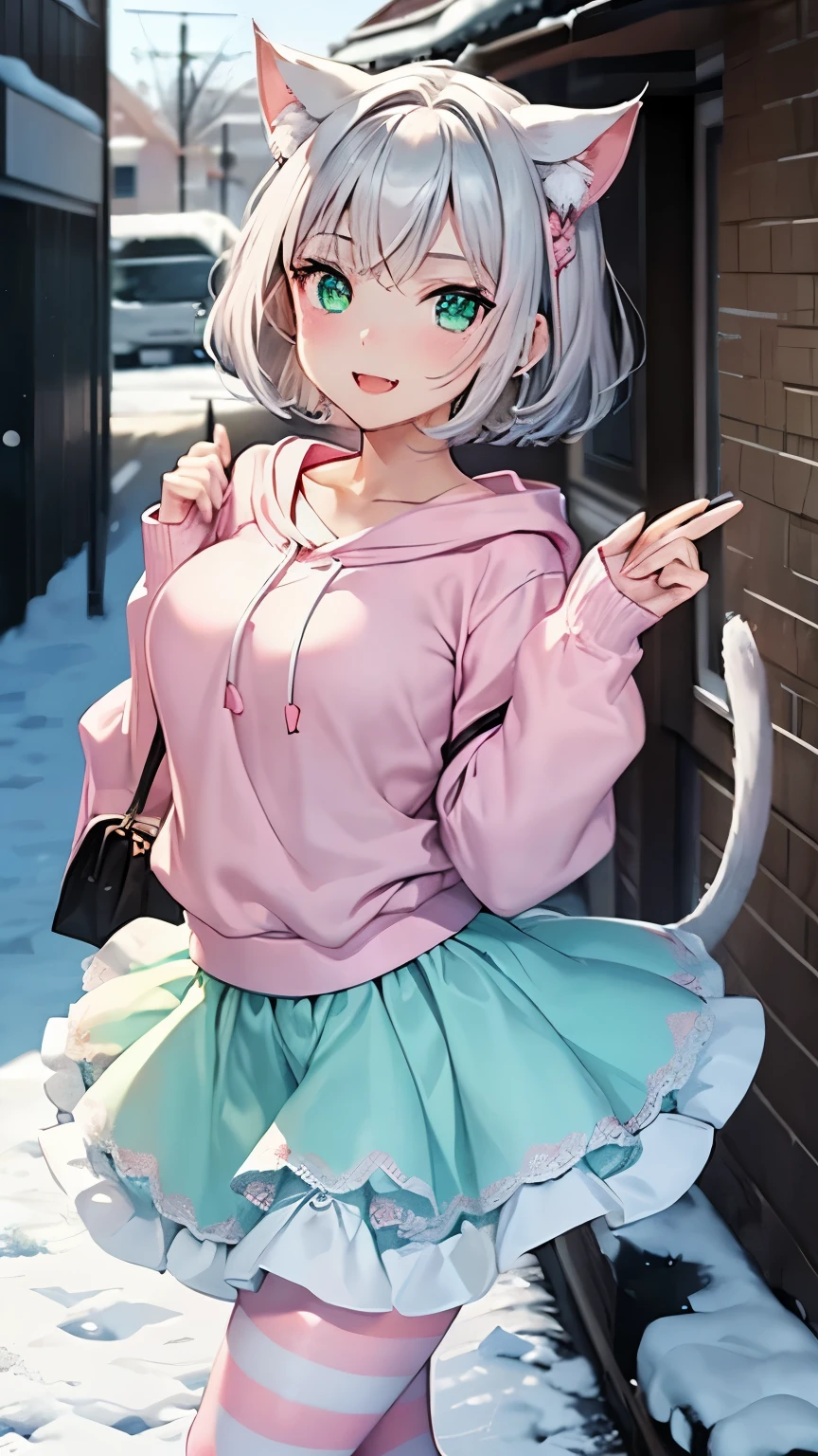 A beautiful woman, (bright green eyes), short hair, (silver hair with light band details) red, she is half a cat on her face, her fangs are shown, very beautiful face, she is wearing a pink sweatshirt with turquoise details, and a white skirt wedding style with light pink details, white shoes, she is standing in the middle of a bright day on a snowy day, she is wearing light pink gloves with red stripes as well as light pink tights with white stripes.