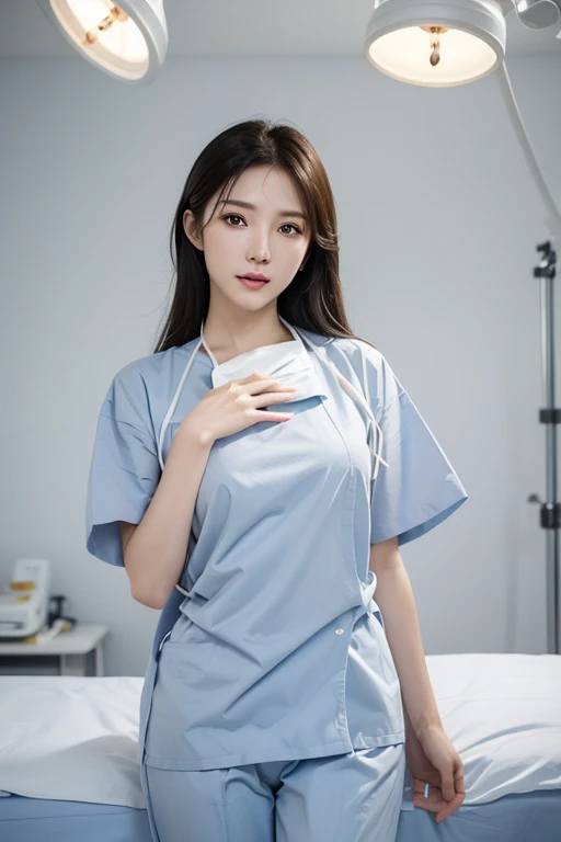 (cowboy shot:1.2), smiling elegant slim asian woman, Japanese, wearing surgical_mask_open, ((( completely_undone, surgical outfit))), black hair, (ojou-sama pose), (modern surgery room), photo, 1girl, ultra high res, realistic photorealistic, ultra-detailed, finely detailed, high resolution, perfect dynamic composition, (perfect eyes), (detailed eyes), solid circle eyes, sparkling eyes, (clean eyes), anatomically correct, super detail, textured skin, extremely detailed face and eyes, detailed facial features, ((perfect face)), wide hips