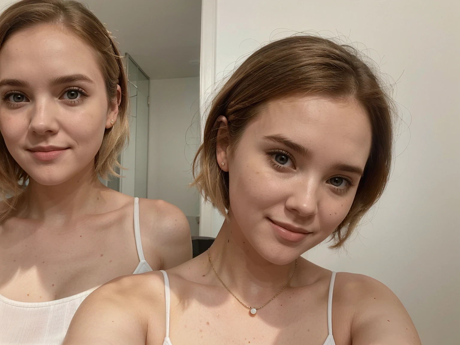 Selfie, Selfie of a cute zoey deutch, short blonde hair, tight very close dress, short white dress, tie and die hair, 36 years old, big , nipples, smile, , , close-up shot, trending on Instagram, Pinterest