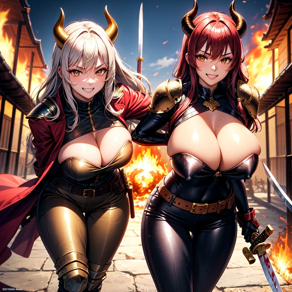young Korean woman, golden eyes, red hair, black horns, tanned bronze skin, huge chest, predatory grin, smile, stained with blood, dressed in a red coat with rolled up sleeves, heavy steel gold armor, wide leather belt, black leather pants with steel hips shields, steel plate gloves, fights in the twilight with a two-handed katana with the king’s warriors against the backdrop of a burning temple,
