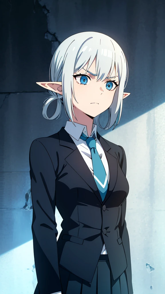 1girl ,solo,20s,mature female,serious face,short hair,elf ears,(grass),shirt,black standard tie,blue blazer,long sleeves, black pleated skirt,(upper body),frosty white Skin , Icy white hair ,Glacial blue eyes,donut hair