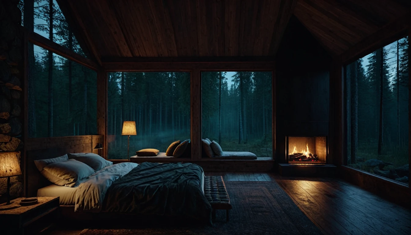 
dimly lit bedroom with fireplace and wood burning bed, large windows to the forest at night, beautiful and cinematic lighting, cozy place, cryengine render 8 k, cabin in the forest, minimalist pyramid room shape, pyramid glass, very forest background dark, lots of column windows, dark, pillows and blankets, large windows, minimalist windows, lots of boxes, minimalist windows facing the forest, quiet night. the picture is original, rainy night. original rendering, stunning, rainy night, gloomy, dark gloomy cinematic lighting, atmosphere, landscape, vast forest, moody, dramatic lighting. cinematic, cinematic, atmospheric shots, gloomy weather. hyperrealistic, atmospheric rendering, rainy night, huge gloomy forest, cinematic,