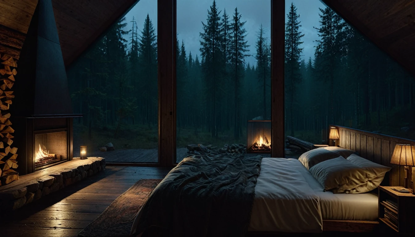 
dimly lit bedroom with fireplace and wood burning bed, large windows to the forest at night, beautiful and cinematic lighting, cozy place, cryengine render 8 k, cabin in the forest, minimalist pyramid room shape, pyramid glass, very forest background dark, lots of column windows, dark, pillows and blankets, large windows, minimalist windows, lots of boxes, minimalist windows facing the forest, quiet night. the picture is original, rainy night. original rendering, stunning, rainy night, gloomy, dark gloomy cinematic lighting, atmosphere, landscape, vast forest, moody, dramatic lighting. cinematic, cinematic, atmospheric shots, gloomy weather. hyperrealistic, atmospheric rendering, rainy night, huge gloomy forest, cinematic,
