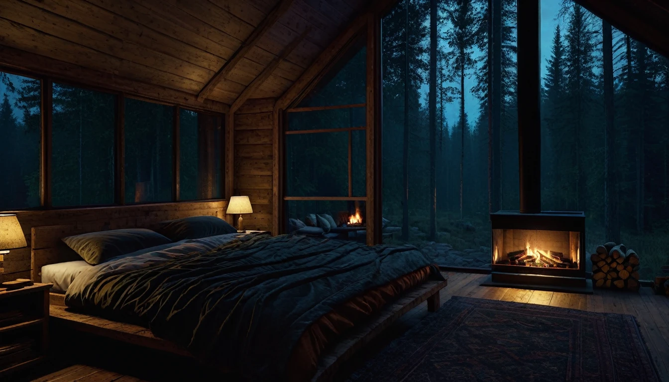 dimly lit bedroom with fireplace and wood burning bed, large windows to the forest at night, beautiful and cinematic lighting, cozy place, cryengine render 8 k, cabin in the forest, minimalist pyramid room shape, pyramid glass, very forest background dark, lots of column windows, dark, pillows and blankets, large windows, minimalist windows, lots of boxes, minimalist windows facing the forest, quiet night. the picture is original, rainy night. original rendering, stunning, rainy night, gloomy, dark gloomy cinematic lighting, atmosphere, landscape, vast forest, moody, dramatic lighting. cinematic, cinematic, atmospheric shots, gloomy weather. hyperrealistic, atmospheric rendering, rainy night, huge gloomy forest, cinematic,