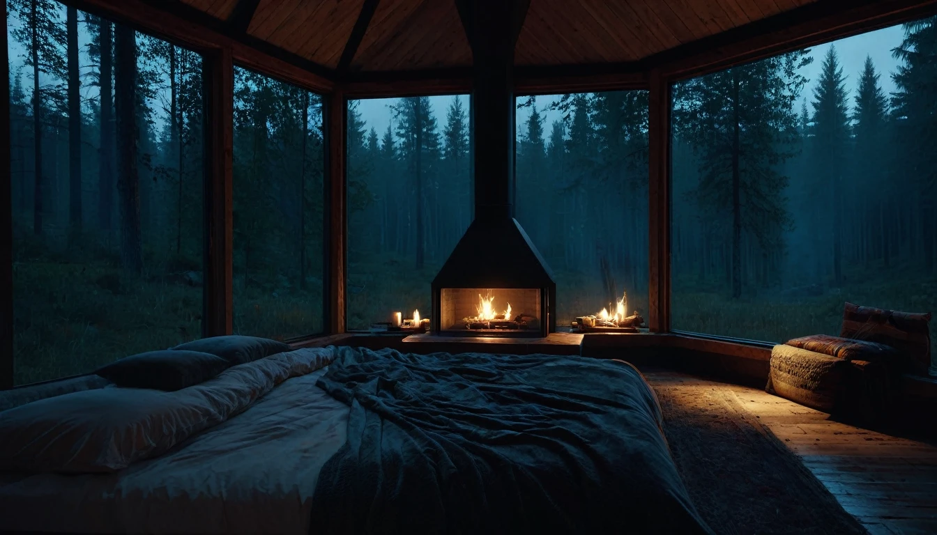 dimly lit bedroom with fireplace and wood burning bed, large windows to the forest at night, beautiful and cinematic lighting, cozy place, cryengine render 8 k, cabin in the forest, minimalist pyramid room shape, pyramid glass, very forest background dark, lots of column windows, dark, pillows and blankets, large windows, minimalist windows, lots of boxes, minimalist windows facing the forest, quiet night. the picture is original, rainy night. original rendering, stunning, rainy night, gloomy, dark gloomy cinematic lighting, atmosphere, landscape, vast forest, moody, dramatic lighting. cinematic, cinematic, atmospheric shots, gloomy weather. hyperrealistic, atmospheric rendering, rainy night, huge gloomy forest, cinematic,