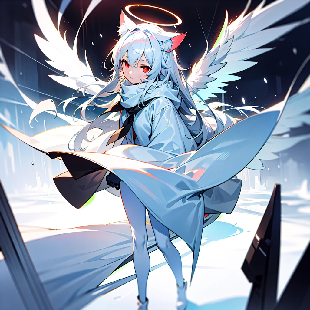 masterpiece, highest quality, highest resolution, clear_image, detailed details, White hair, long hair, cat ears, 1 girl, red eyes, white hoodie, black pantyhose, white scarf (white scarf around the neck with a light blue glow), gray futuristic halo (gray halo over the head), white wings (6 wings), cute, full body, no water marks, snow, city