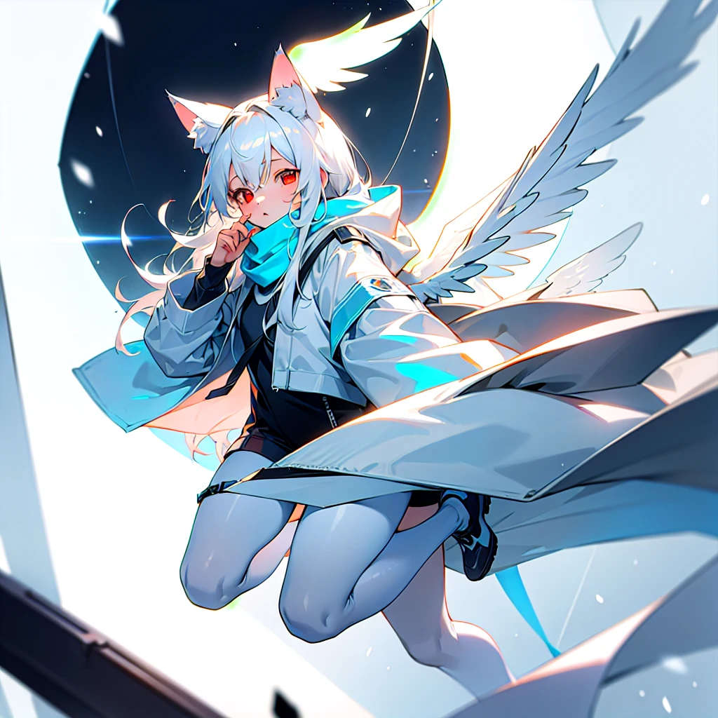 masterpiece, highest quality, highest resolution, clear_image, detailed details, White hair, long hair, cat ears, 1 girl, red eyes, white hoodie, black pantyhose, white scarf (white scarf around the neck with a light blue glow), gray futuristic halo (gray halo over the head), white wings (6 wings), cute, full body, no water marks, snow, city