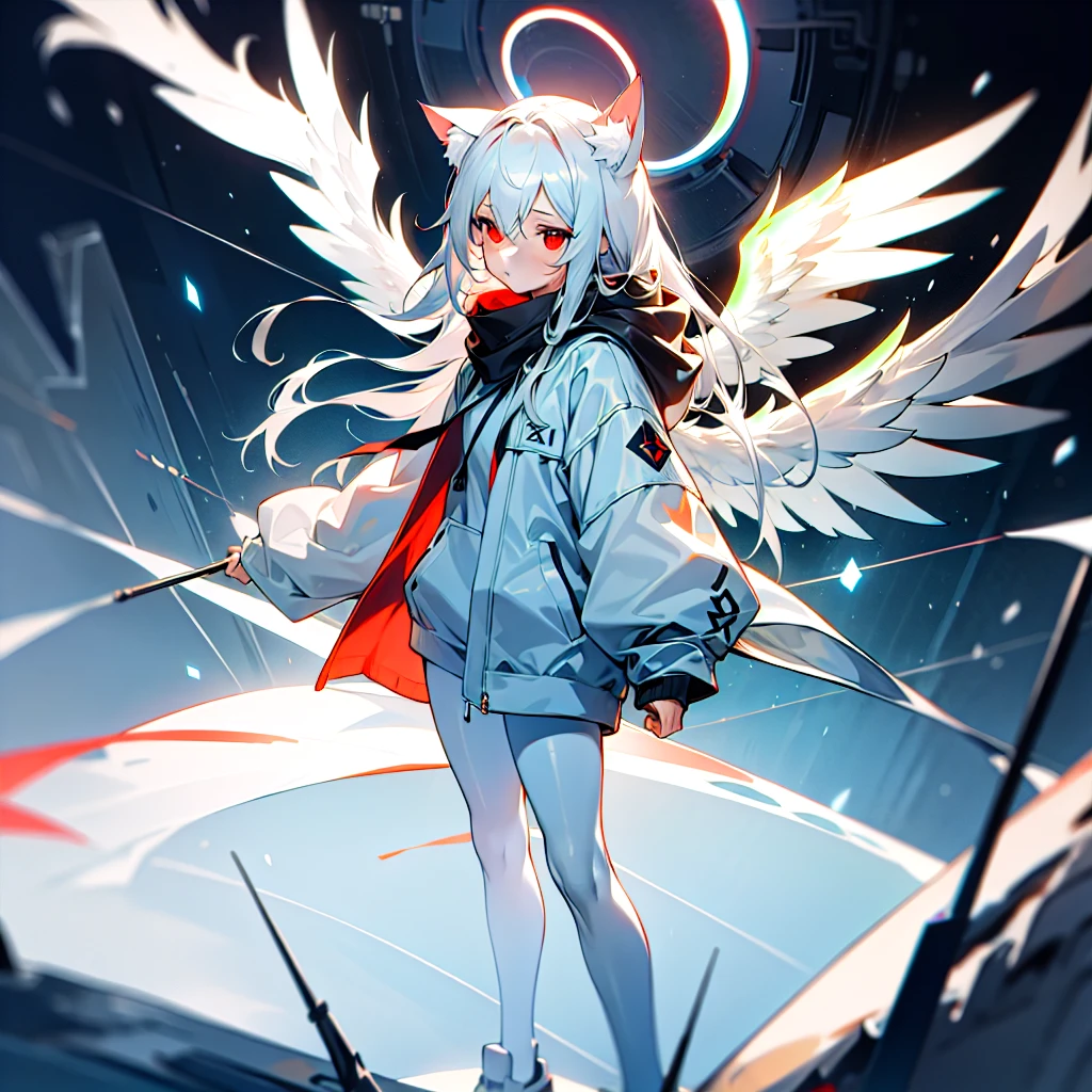 masterpiece, highest quality, highest resolution, clear_image, detailed details, White hair, long hair, cat ears, 1 girl, red eyes, white hoodie, black pantyhose, white scarf (white scarf around the neck with a light blue glow), gray futuristic halo (gray halo over the head), white wings (6 wings), cute, full body, no water marks, snow, city