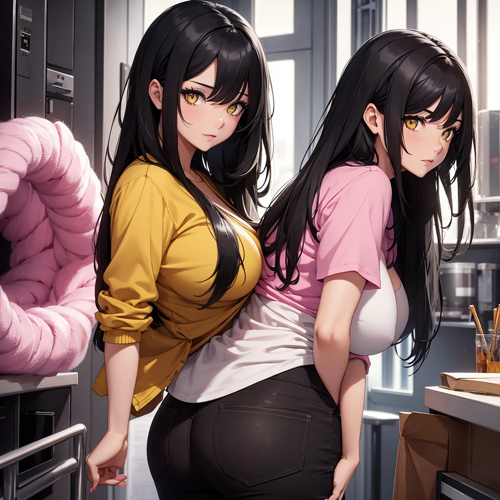 A 28 year old woman with black hair and yellow eyes, huge tits and a huge ass wearing a pink wool shirt and black pants 