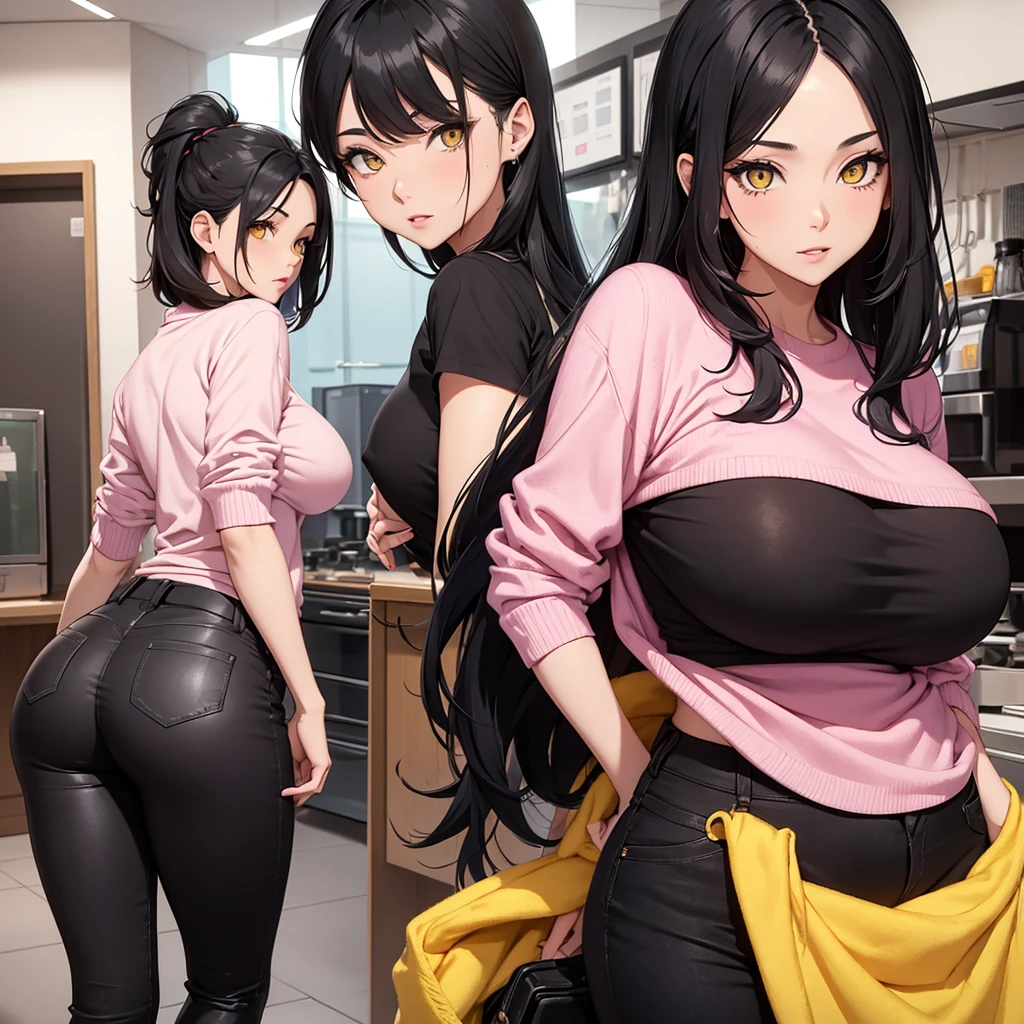A 28 year old woman with black hair and yellow eyes, huge tits and a huge ass wearing a pink wool shirt and black pants