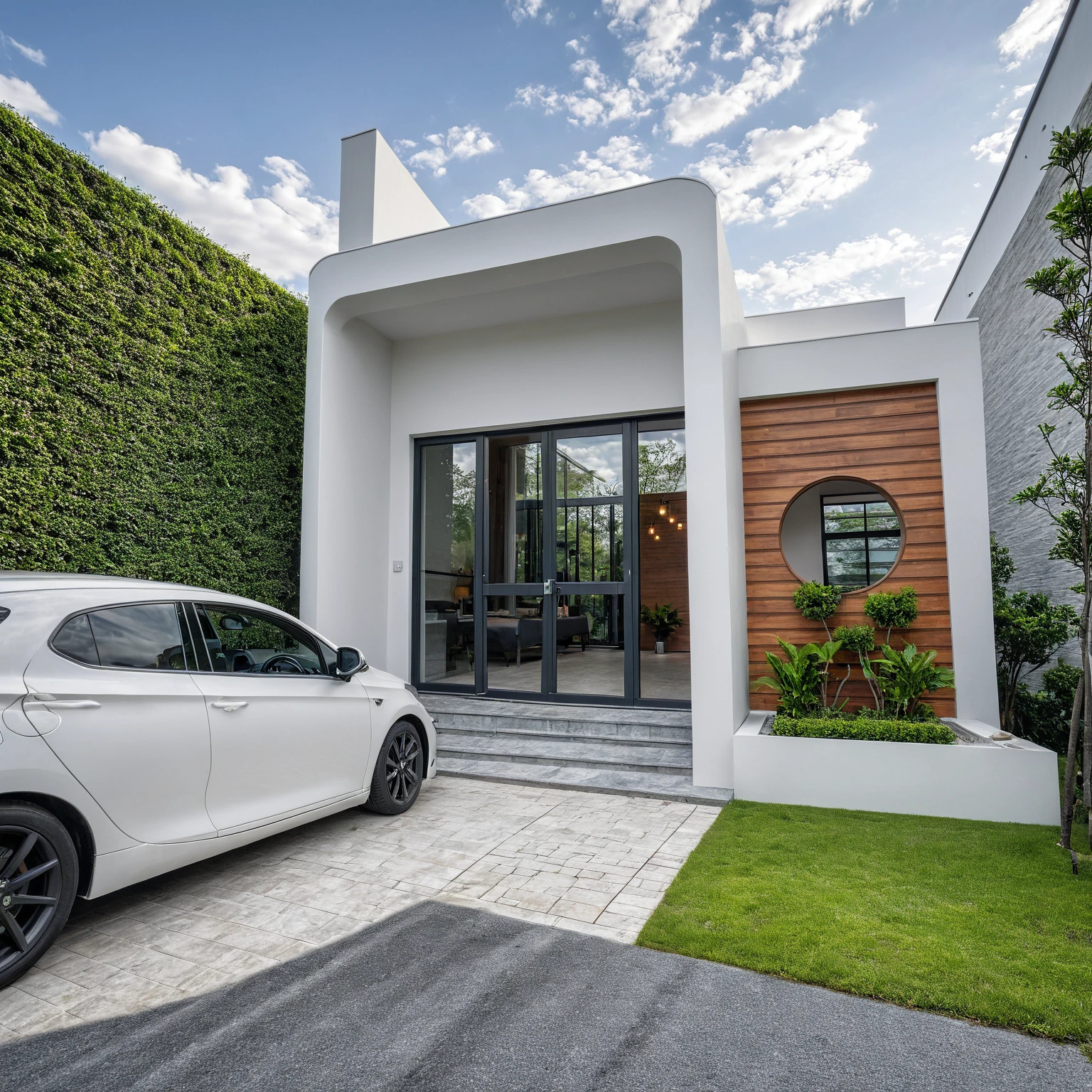 Raw photo, masterpiece, high quality, best quality, realistic, super detailed, outdoor, 2-storey house, modern townhouse style, (white wall), curved wall facade, aluminum interior door glass, curved planter, gray tiled accent wall, gray iron box exterior gate, road, sidewalk, grass, trees, sky, clouds, (daylight):1.1)
