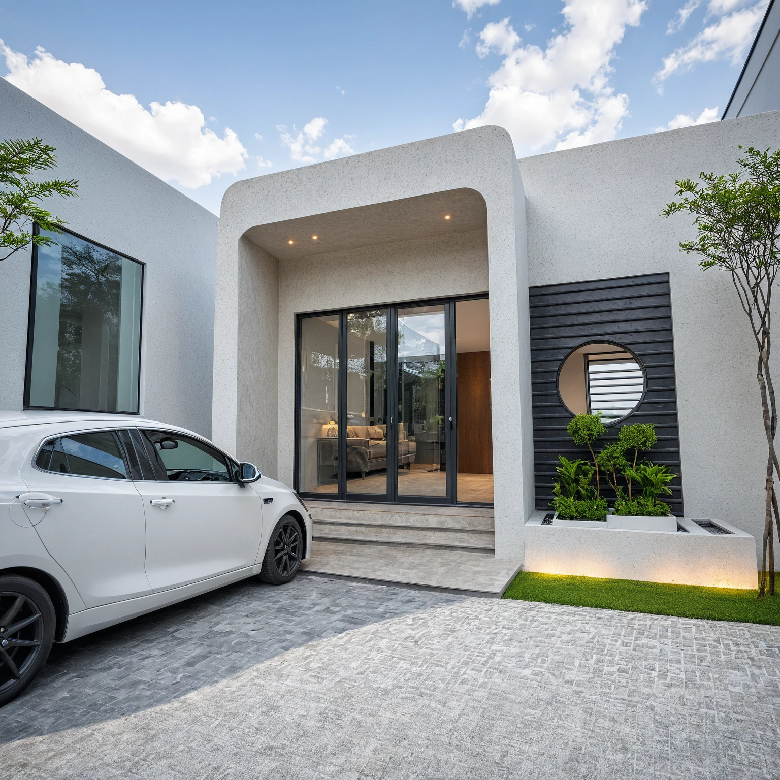 Raw photo, masterpiece, high quality, best quality, realistic, super detailed, outdoor, 2-storey house, modern townhouse style, (white wall), curved wall facade, aluminum interior door glass, curved planter, gray tiled accent wall, gray iron box exterior gate, road, sidewalk, grass, trees, sky, clouds, (daylight):1.1)
