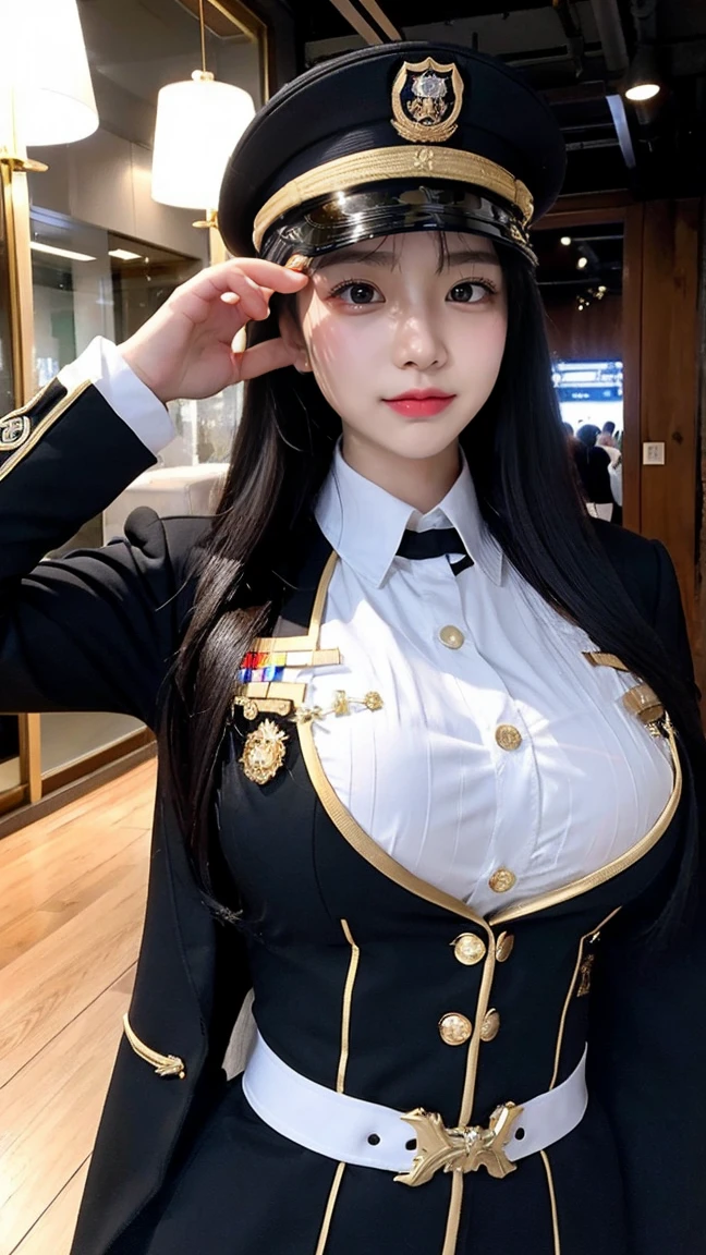 最high quality, masterpiece, 32k、Very detailed、Realistic、1 Girl, Japanese women、Black and gold military uniformのコスチューム、upscale, Futuristic, Sexy Costumes, Black and gold military uniform、US Army uniform hat、Attractive K-Pop idol-style outfits、Black and gold military uniform、Class seal、Black and gold military uniformの帽子をかぶっている(military uniform hat), Cute face, (photo Actual:1.3),Edge lighting, (Skin with attention to detail:1.2), 8K超High resolution, Single-lens reflex camera, high quality, High resolution, 4K, 8K, Optimal ratio of four fingers to one thumb, (Actual:1.3), cute 1 Girl, Realistic、Super Realistic、32k、Very detailed、masterpiece, 最high quality, beautiful girl, beauty、Gorgeous girl, Big Breasts、Big Breasts、Big Ass, Tight waist, Spread your legs, Plenty of facial detail, City of the Future, Very detailedな, High resolution, masterpiece, high quality, High resolution, 