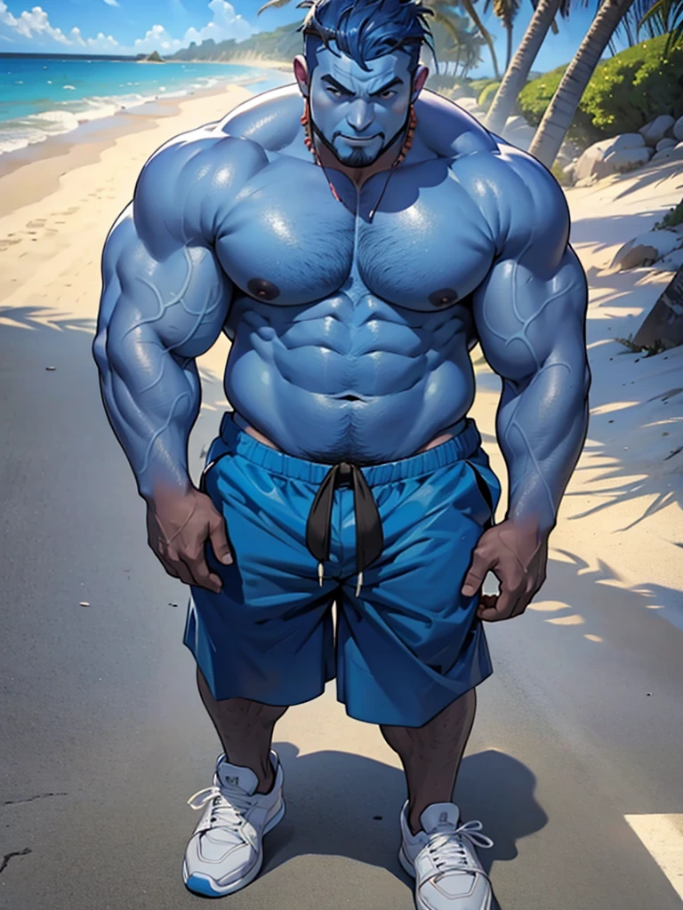 chubby man (jinbei) in street, (blue skin, blue skinned), muscular, pectoral, wide pectoral, beach, palm, realistic, 8k, masterpiece, (wearing shorts and shirtless, shoes)