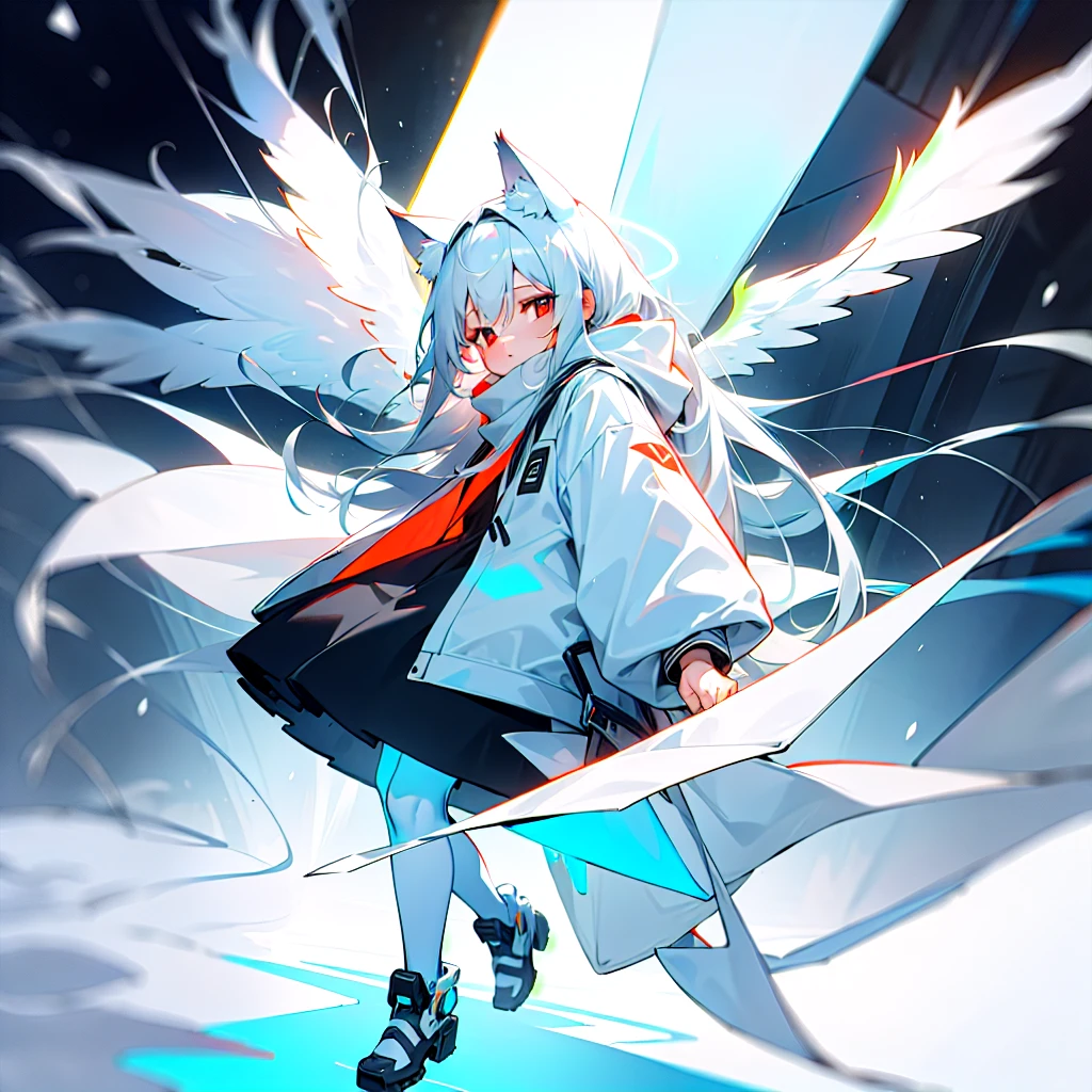 masterpiece, highest quality, highest resolution, clear_image, detailed details, White hair, long hair, cat ears, 1 girl, red eyes, white hoodie, black pantyhose, white scarf (white scarf around the neck with a light blue glow), gray futuristic halo (gray halo over the head), white wings (6 wings), cute, full body, no water marks, snow, city