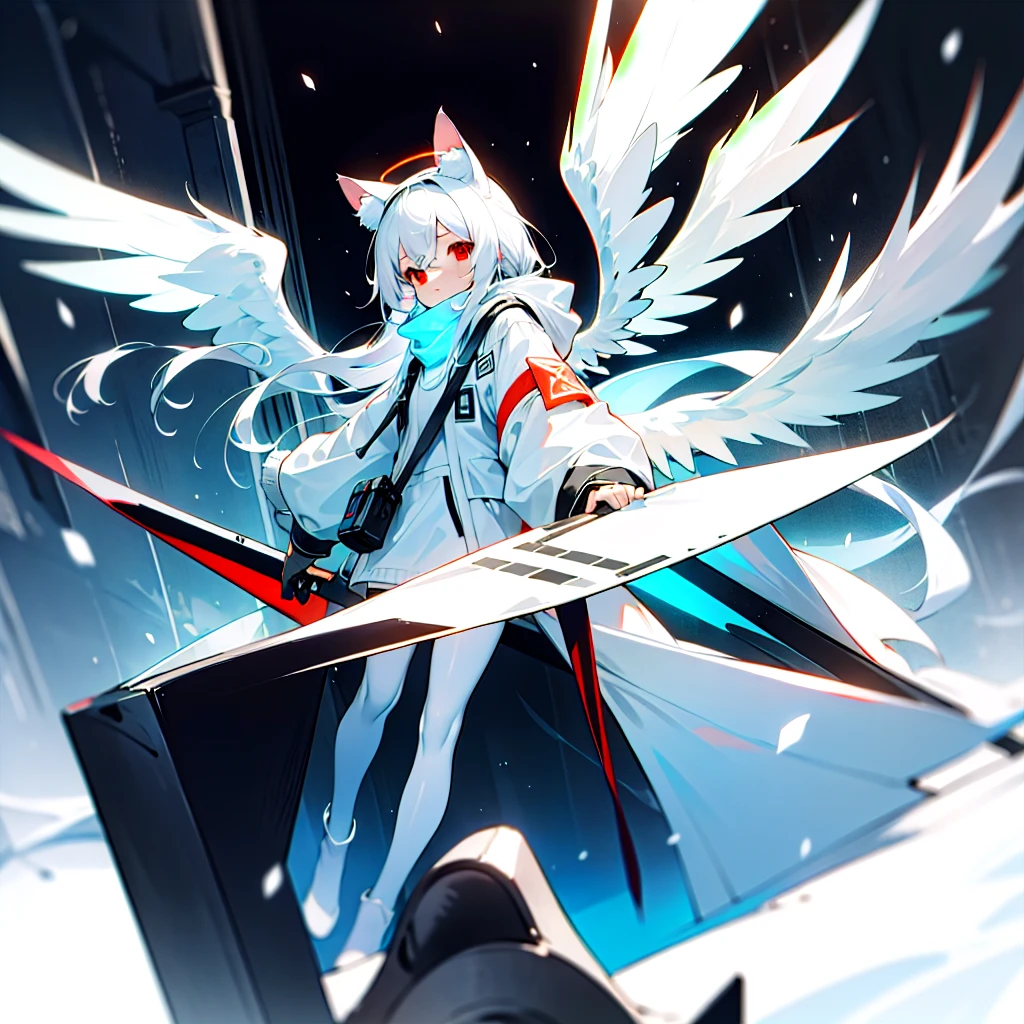 masterpiece, highest quality, highest resolution, clear_image, detailed details, White hair, long hair, cat ears, 1 girl, red eyes, white hoodie, black pantyhose, white scarf (white scarf around the neck with a light blue glow), gray futuristic halo (gray halo over the head), white wings (6 wings), cute, full body, no water marks, snow, city