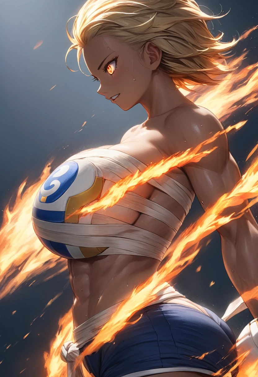 Prompt
detailed illustration, (front view), (side view),dynamic angle, ultra-detailed, illustration, clean line art, shading, anime, detailed eyes, detailed face, beautiful face, dramatic lighting, detailed illustration, dynamic angle, ultra-detailed, illustration, single woman
Fit, toned abs, ((volleyball shorts)), ((fundoshi breast wrap)), big round ass, big tits, caramel tan skin, dark skin tone, wide hips, narrow waist, thunder thighs, (blazing blonde hair), (glowing eyes), glowing sclera, muay thai wraps, strong biceps, sweat, ((bandaged breasts)), flaming hair, hair is fire, flames rolling down skin, clothes catching on fire, embers, sweats fire, sweat is fire, tan lines, Hispanic, Latina, tight pants, bandage wrapped around chest, brown skin, angry, mad, yelling, fists on fire, fighting, fire, flaming fists, fire shooting out of eyes, sweating fire, sweat’s little embers, massive breasts, big tits, , bubble butt, massive ass,