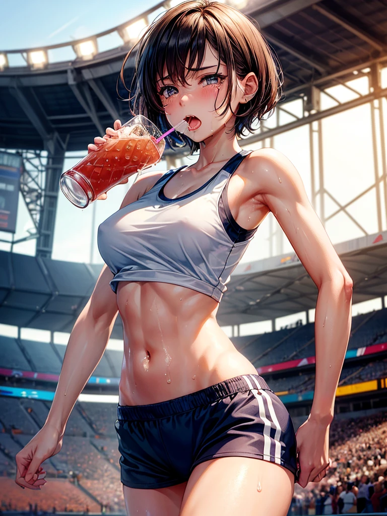 Highest quality,Highest Resolution,A beautiful girl with a crying face running on the stadium,Tank top,short hair,sunny,Open your mouth wide and drool,Tears,Sweat profusely,High leg,Belly button,Abdominal muscles,Muscular,(((Drink a drink)))