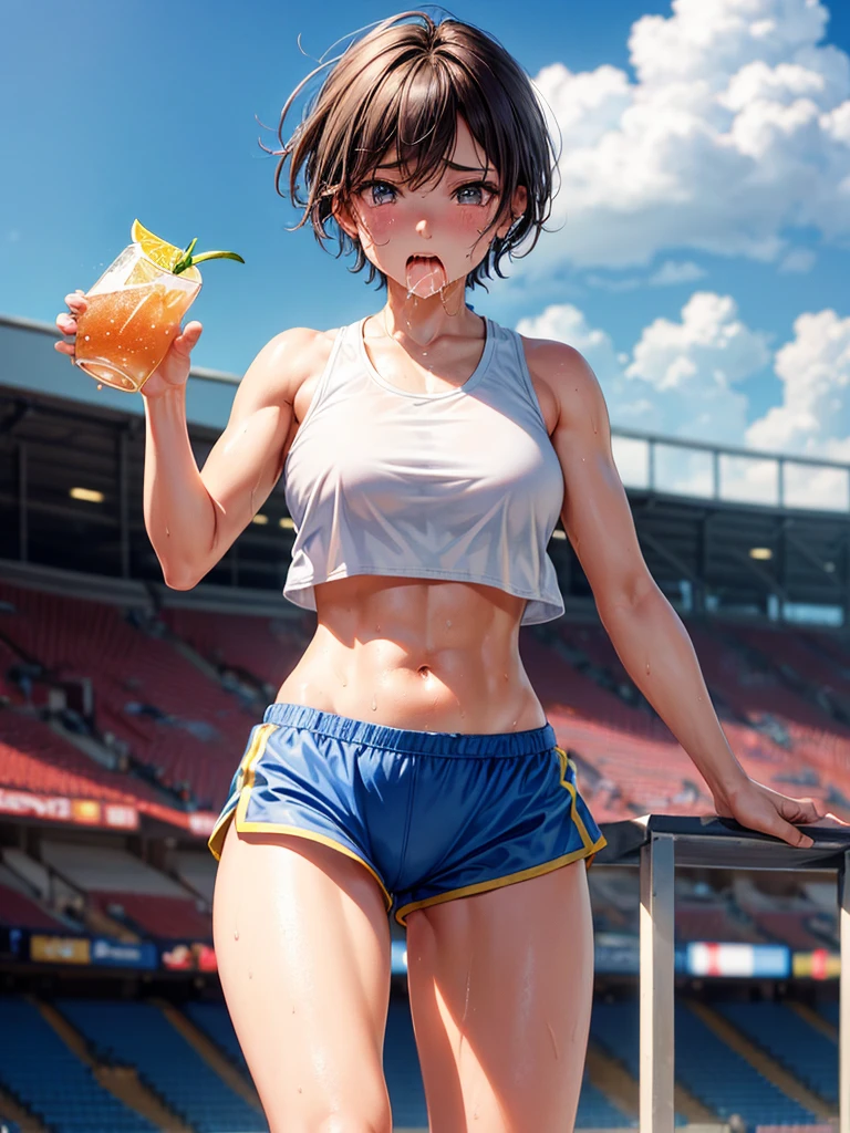 Highest quality,Highest Resolution,A beautiful girl with a crying face running on the stadium,Tank top,short hair,sunny,Open your mouth wide and drool,Tears,Sweat profusely,High leg,Belly button,Abdominal muscles,Muscular,(((Drink a drink)))