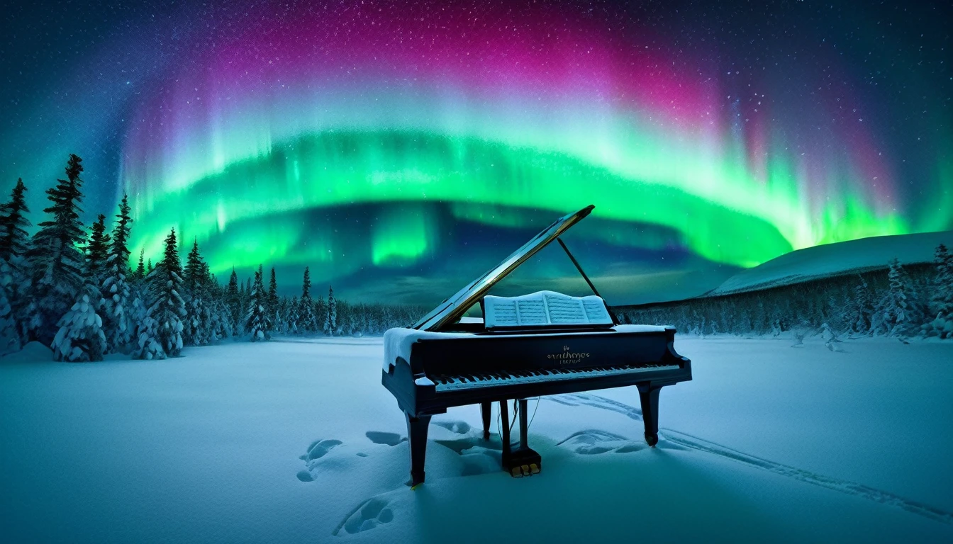 A mystical and enchanting landscape with a single piano under an aurora-filled sky. The surroundings are completely covered in snow, creating a serene